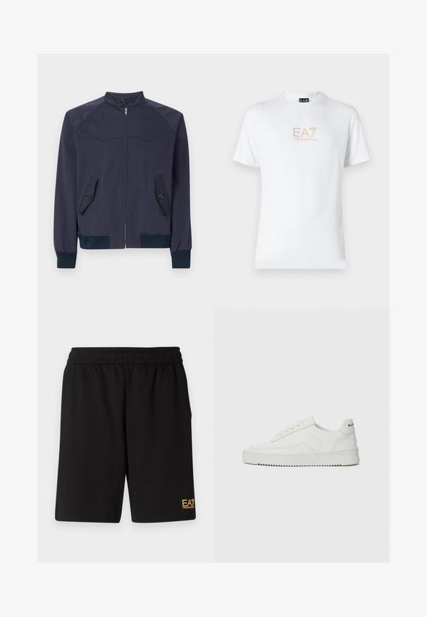 Navy blue bomber jacket with a stand-up collar, front zipper, and two angled pockets; features ribbed cuffs and waistband.; White cotton t-shirt featuring a round neckline and short sleeves, with a gold EA7 Emporio Armani logo printed on the front.; Black athletic shorts made of soft fabric,Featuring an elastic waistband and a small yellow EA7 logo on the lower left leg.; White leather sneaker with a smooth finish, round toe, flat laces, and a textured sole. Features a subtle logo on the heel.