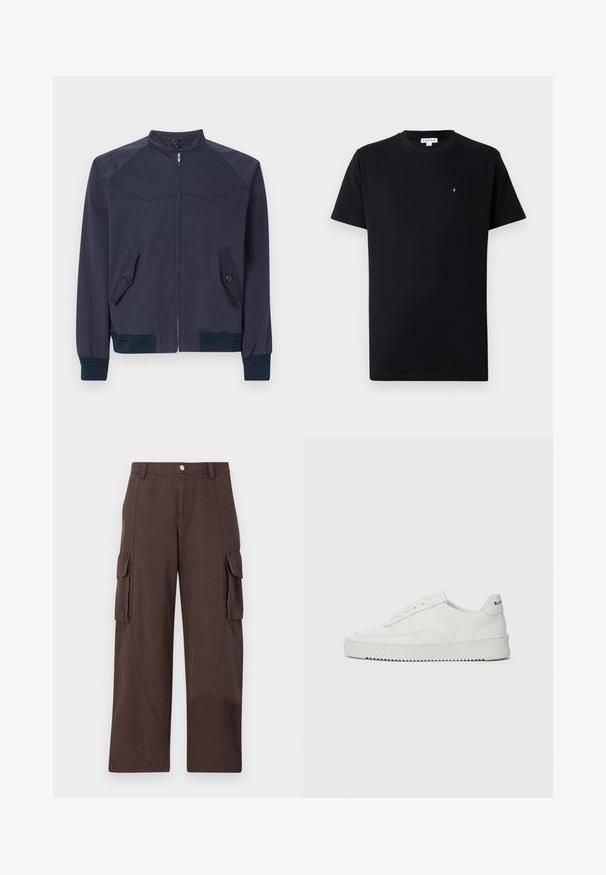 Navy blue bomber jacket with a stand-up collar, front zipper, and two angled pockets; features ribbed cuffs and waistband.; Black short-sleeve t-shirt made of cotton, featuring a round neckline and a small circular logo on the chest. Smooth texture.; Han Kjøbenhavn CARGO TROUSERS - Cargo trousers - dark brown; White leather sneaker with a smooth finish, round toe, flat laces, and a textured sole. Features a subtle logo on the heel.