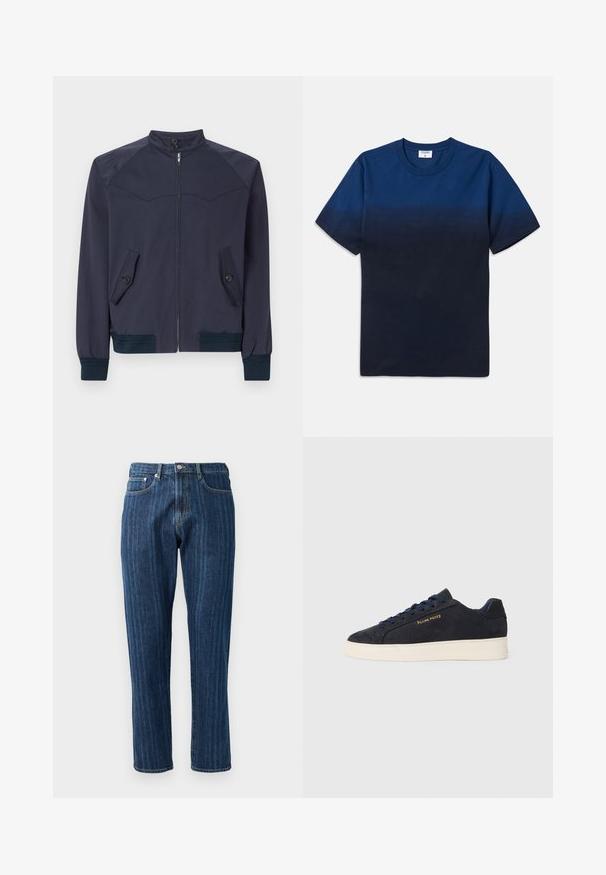 Sötétkék bomber dzseki álló gallérral, elülső cipzárral és két ferde zsebből; bordás mandzsettákkal és derékrésszel rendelkezik.; Tengerészsötét kék pamut póló kerek nyakkal, rövid ujjakkal, és egy finom átmeneti mintával, ami világosabból sötétebb árnyalatokba halad.; Sötétkék farmernadrág, egyenes szárú, látható varrással, ötpocketes dizájnnal és gombos záródással a deréknál.; Sötétkék velúr, alacsony szárú teniszcipő fehér talppal, sötétkék fűzőkkel és arany színű "Filling Pieces" logóval az oldalán.