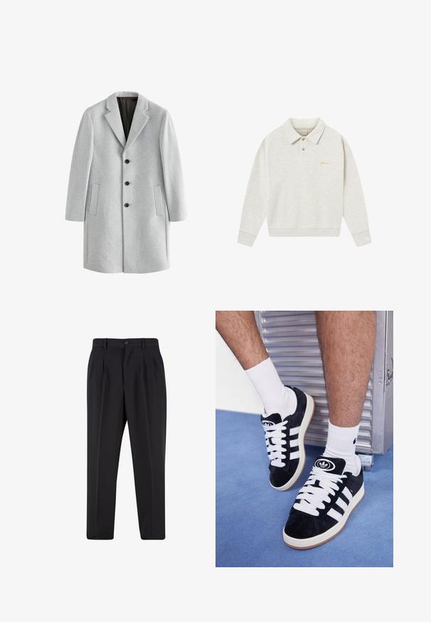 Svetlo šedý vlnený kabát s klopovým golierom, štyrmi čiernymi gombíkmi a dvoma bočnými vreckami. Hladká textúra s prispôsobeným strihom.; Svetlosivý polo mikin s jemnou látkou, ktorý má gombíkovú légou, rebrované manžety a vyšívané logo v zlatej farbe blízko hrudníka.; Biela bavlnená tričko s okrúhlym výstrihom, krátkymi rukávmi a voľným strihom. Má jednoduchý dizajn bez vzorov alebo akcentov.; Čierne nohavice s plisovaným predným dizajnom, vyrobené z hladkej látky. Majú zapínanie na gombík a pútka na opasok; rovný strih.; Čierne semišové tenisky s bielymi šnúrkami a tromi bielymi pruhmi. Obsahujú kruhové čierne logo na jazyku a gumovú podrážku.