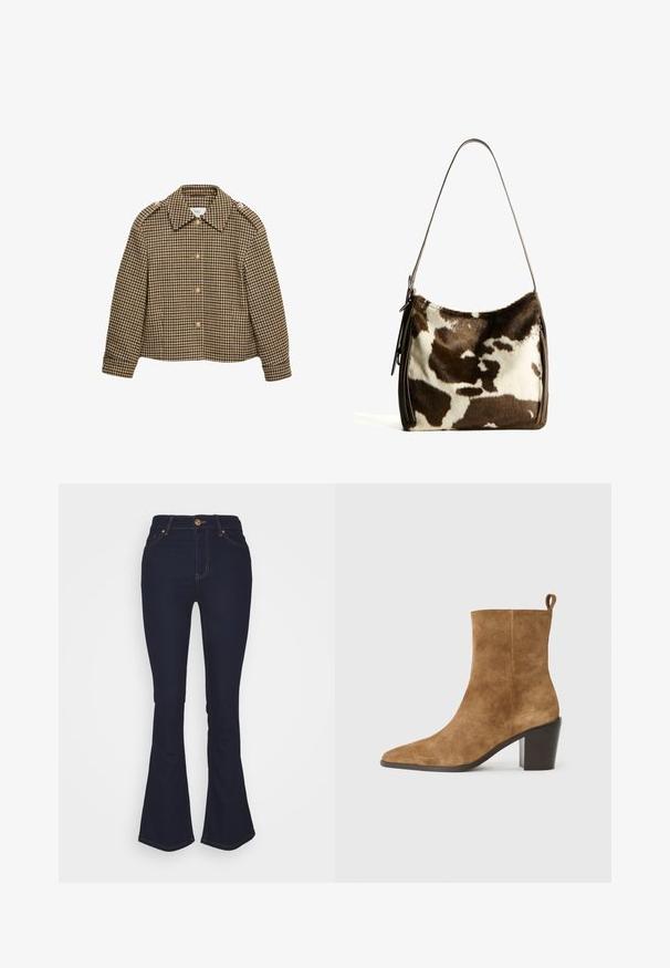 Bruine en zwarte geblokte cropped jacket met een kraag, knoopsluitingen en lange mouwen. Textuurstof met een klassiek patroon.; Witte blouse met lange mouwen van gladde stof, voorzien van een strik bij de hals en op maat gemaakte manchetten. Eenvoudig, klassiek ontwerp zonder patronen.; Marks & Spencer Eva - Bootcut jeans - blue denim; Bruine suède enkelboot met een spitse neus en een stevige zwarte hak, gepresenteerd tegen een neutrale achtergrond.; Bruine en crèmekleurige koeienhuid schoudertas met een gladde leren band, ritssluiting en een zachte, tekstuursurface met een natuurlijk patroon.