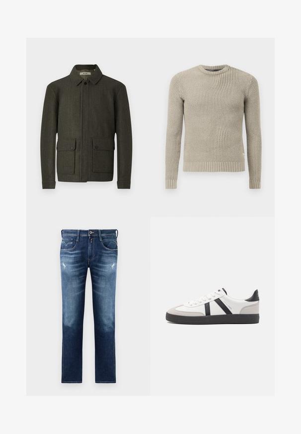 Maslinasto zelena vuna jakna s ovratnikom, prednjim kopčanjem na gumbe i dva velika džepa na gumbe. Ima teksturirani materijal i ravno krojenje.; Bež pleteni džemper s dugim rukavima, rebrastim manžetama i rubom, okruglim izrezom, teksturiranim uzorkom, izrađen od mekanog materijala.; Plave traperice s regular fit krojem, s blijedom pranjom, blagim oštećenjima, pet džepova i kontrastnim šavovima. Dugme za zatvaranje u struku.; Bijele tenisice s crnim i sivim detaljima, s teksturiranim sivim zaštitnikom prstiju, crnim gumene potplate i ravnim bijelim vezicama. Čist dizajn, minimalistički stil.