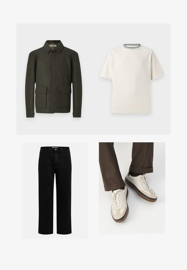 Olijfgroene wollen jas met een kraag, sluiting met knopen aan de voorkant en twee grote knoopzakken. Heeft een gestructureerde stof en een rechte pasvorm.; Crème-kleurige katoenen t-shirt met korte mouwen, met een ronde halslijn die is accentueerd met marineblauwe en witte strepen. Soepele textuur, ontspannen pasvorm.; Zwarte denim broeken met een rechte pijp, klassieke vijf-pocket structuur en een knoopsluiting in de taille. Glad materiaal en duurzame stof.; Beige sneakers met een leren voorkant van textuur-suède, gladde leren zijkanten en een bruine rubberen zool. Veters en lichte stikseldetails inbegrepen.