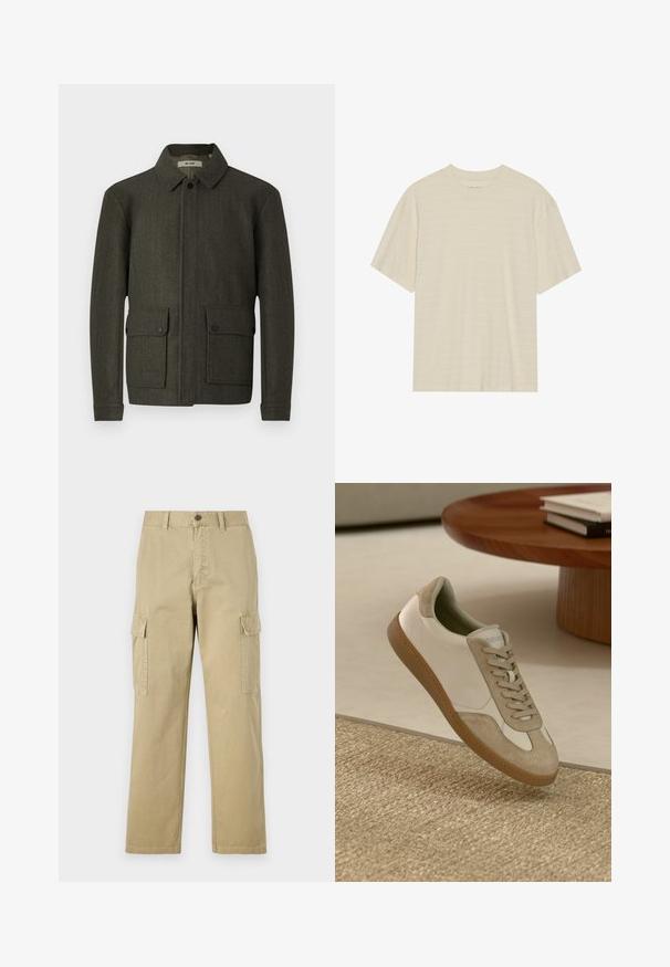 Olivovozelená vlnená bunda s golierom, predným zapínaním na gombíky a dvoma veľkými gombíkovými vreckami. Má textúrovanú látku a rovný strih.; Krémové tričko s krátkym rukávom s jemnou pruhovanou štruktúrou a okrúhlym výstrihom, vyrobené z ľahkého materiálu.; Bežové cargo nohavice vyrobené z bavlny, s dvoma bočnými vreckami, zapínaním na gombík a rovným strihom s mierne textúrovanou tkaninou.; Ľahké tenisky s bielou koženou vrchnou časťou a béžovými semišovými akcentmi, okrúhlou špičkou a textúrovanou hnedou gumovou podrážkou.