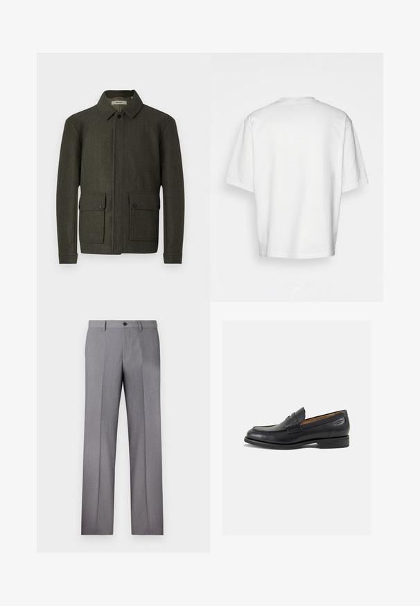 Oliivivärvi villane jakk, millel on krae, esine nööbid ja kaks suurt nööpidega taskut. Omab tekstuurset kangast ja sirget lõiget.; Valge lühikeste varrukatega T-särk, lõdva lõikega, ümar kaelus, sileda puuvillase kangaga, kaunistamata selg, sirge alläär, ilma mustrite või aktsентideta.; Hallidega hallid püksid, millel on lame eesmine osa, kaks küljetaskut ja ühesnupuline kinnitis. Sile tekstuur koos peene triibumustriga.; Mustad mustad nahast loafers, sujuva viimistlusega, ümar sirge ja dekoratiivne tikand peal. Madal ja kergelt kuhjatud konts ning kerge läige.