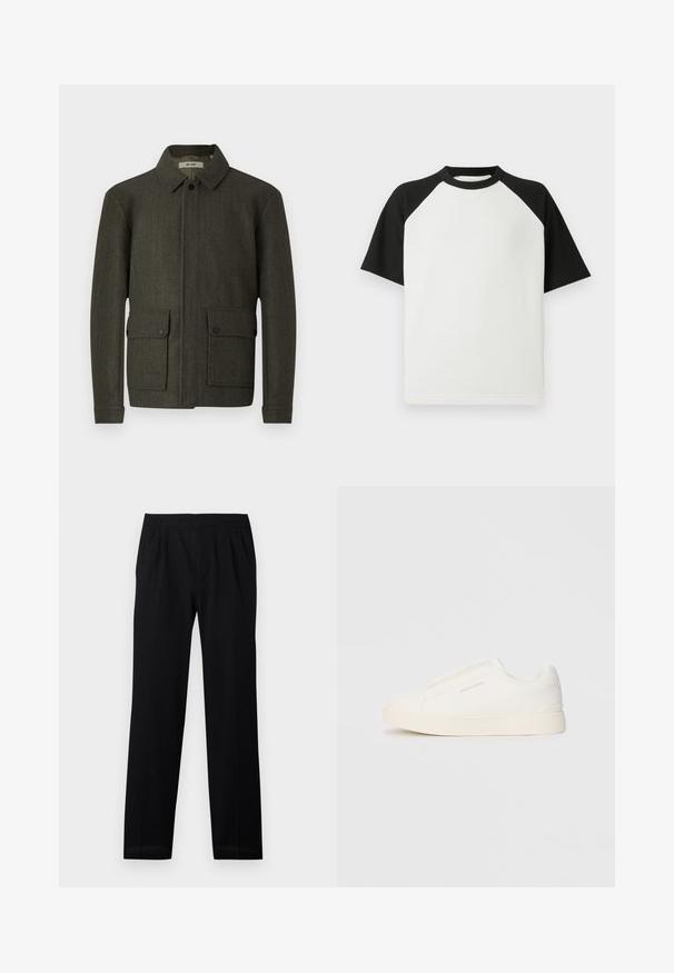 Giacca di lana verde oliva con colletto, chiusura frontale a bottoni e due grandi tasche con bottone. Presenta un tessuto testurizzato e una vestibilità dritta.; T-shirt corto a manica corta in bianco e nero con texture a costine; presenta maniche raglan e collo rotondo.; Pantaloni neri con cintura elastica, gambe dritte e pieghe sottili. Tessuto liscio e materiale leggero. Senza motivi visibili.; Sneakers bianchi slip-on con superficie texturizzata, suola spessa e design minimalista. Presentano il logo del marchio sul lato.