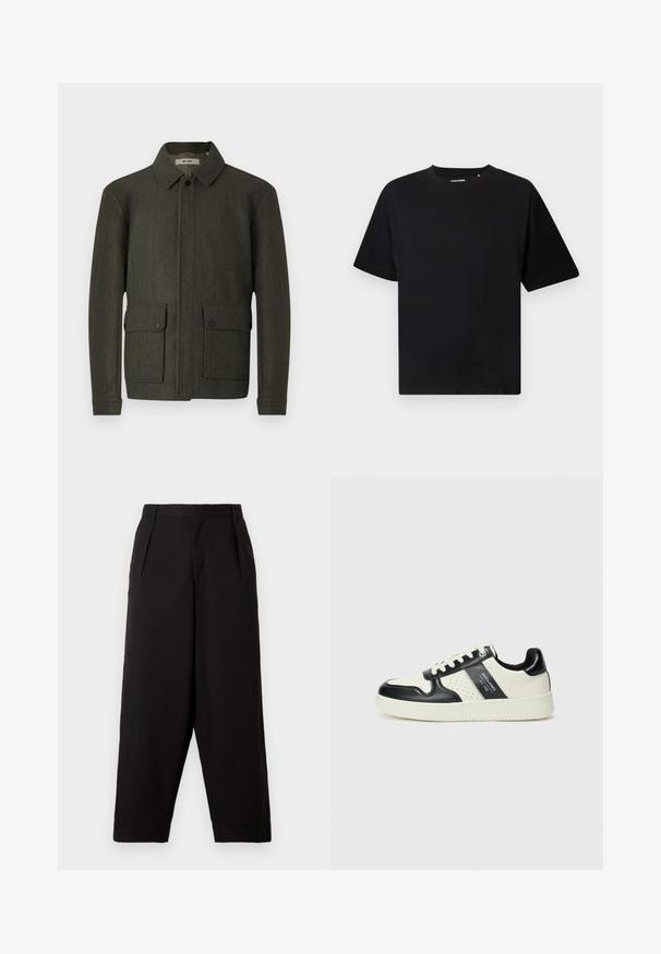 Veste en laine vert olive avec un col, fermeture à boutons sur le devant et deux grandes poches à bouton. Dispose d'un tissu texturé et d'une coupe droite.; T-shirt noir à manches courtes et col ras du cou avec une coupe décontractée, présenté sur un fond blanc.; Pantalons larges noirs en tissu lisse. Dotés de plis à la taille et d'une coupe décontractée, se terminant au-dessus de la cheville. Pas de matériel visible.; Baskets en cuir avec un schéma de couleurs noir et crème, dotées d'accents perforés, d'un col rembourré et d'une semelle texturée.