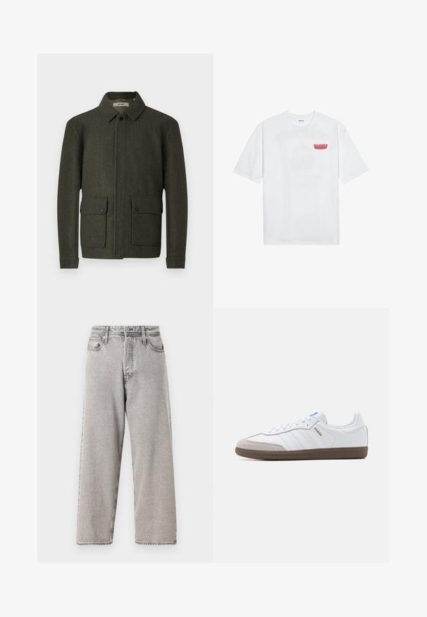 Oliivivihreä villatakki, jossa on kaulus, nappisuljenta edessä ja kaksi suurta nappikiinnityksellistä taskua. Takkia koristaa tekstuurinen kangas ja suora leikkaus.; Valkoinen puuvillapaita, jossa on lyhyet hihat, pyöreä kaula-aukko ja etupuolella punainen grafiikkateksti "HERKULLINEN RAJAAKASI HEDELMÄ".; Vaaleanharmaat leveälahkeiset farkut, joissa on haalistunut pesu, viisi taskua, vyölenkit ja kontrastiväriset tikkaukset. Sileä pinta ja suora leikkaus.; Valkoiset nahkakengät, joissa on harmaa mokkanokka, kolme vaakasuoraa valkoista raitaa, sininen yksityiskohta ja ruskea kumipohja. Pintakuvioitu yksityiskohta pohjassa.