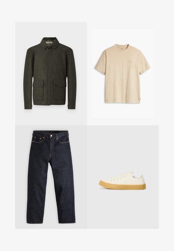 Alyvuogių žalios vilnonės striukės su apykakle, priekyje užsegama mygtukais ir dviem didelėmis kišenėmis su mygtukais. Yra tekstūruotas audinys ir tiesus siluetas.; Kreminė medvilninė marškinėliai su apvalia iškirpte ir trumpomis rankovėmis. Ant krūtinės yra subtilus „Levi's“ logotipas tos pačios spalvos. Minkšta tekstūra.; Tamsiai mėlynos džinsinės kelnės su tiesiu kirpimu, penkiomis kišenėmis, kontrastingomis oranžinėmis siūlėmis ir mygtukų užtrauktuku. Nėra matomų raštų ar papuošimų.; Oficio drobės sneakeriai baltai kreminės spalvos, su apvaliu galiuku, su smėlio spalvos guminiais padais ir penkiomis skylėmis raištams, turintys tekstūruotą viršutinę dalį.