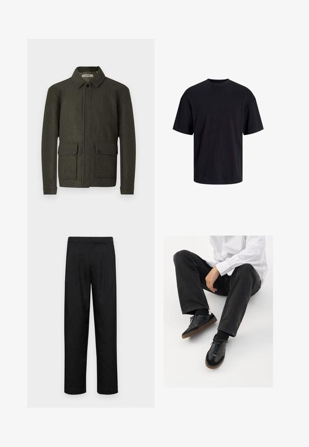 Olijfgroene wollen jas met een kraag, sluiting met knopen aan de voorkant en twee grote knoopzakken. Heeft een gestructureerde stof en een rechte pasvorm.; Zwarte katoenen t-shirt met een ronde halslijn, korte mouwen en een relaxte pasvorm. Glad textuur en geen zichtbare patronen of accenten.; Zwarte broeken van gladde stof, met een recht model, twee voorknikken en een standaard tailleband met riemlussen.; Zwarte sneakers met een glad en textuur detail, voorzien van een rubberen zool en donkere veters. Gecombineerd met zwarte jeans en een wit gestreept shirt.