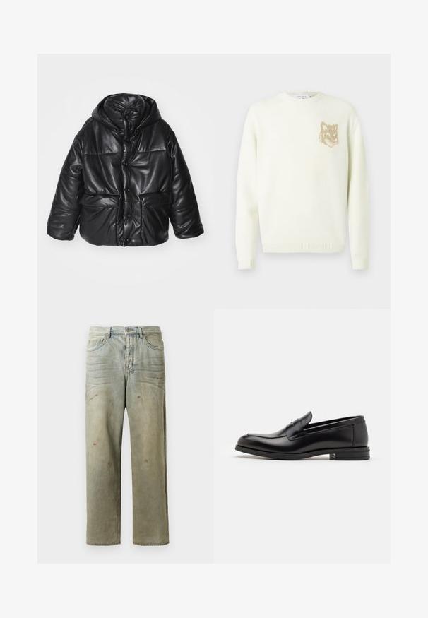Black padded jacket in faux leather with a hood, featuring snap buttons, two front pockets, and a glossy texture.; Cream crewneck sweater with long sleeves and small beige fox head graphic on the left chest, ribbed cuffs and hem.; Distressed denim jeans in light green, featuring a straight leg, five-pocket design, and uneven fading with paint splatters.; Black leather loafers with a smooth texture, rounded toe, and a decorative strap across the vamp. Low stacked heel, minimalist design.