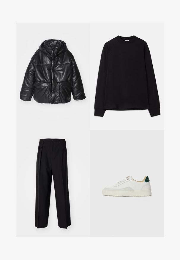 Musta pehmeä takki tekonahasta hupulla, jossa on napit, kaksi etupussia ja kiiltävä pinta.; Musta pitkähihainen t-paita pehmeästä puuvillasta. Ominaisuuksiin kuuluu pyöreä pääntie, löysä istuvuus ja ribbaustaskut. Ei näkyviä kuvioita tai logoja.; Mustat laskostetut housut, joissa on suora, leveä lahje. Valmistettu sileästä kankaasta, jossa on nappisuljenta ja vyölenkit.; Valkoiset tennarit, joissa on nahkaosia, pyöreä kärki, tasaiset nauhat ja kermaisa kumi-pohja. Takana vihreä brändäys.