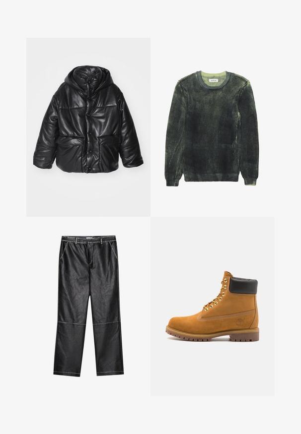 Black padded jacket in faux leather with a hood, featuring snap buttons, two front pockets, and a glossy texture.; Dark green ribbed knit sweater with a soft texture, crew neck, and long sleeves. Features light green accents on the neckline and edges.; Black faux leather pants, wide leg, featuring stitching details and front pockets, with a smooth, slightly reflective texture.; Tan suede ankle boot with black padded collar, gold metal eyelets, white stitching detailing, and rugged rubber sole with pronounced treads.