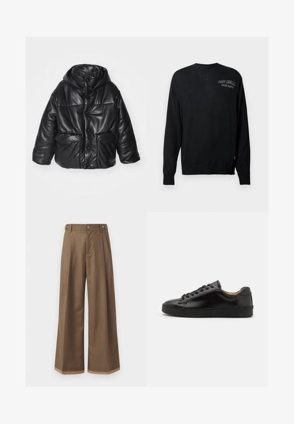 Juodas paminkštintas švarkas iš dirbtinės odos su kapišonu, kuris turi spaudimo mygtukus, dvi priekinės kišenes ir blizgantį paviršių.; Juodas megztinis su ilgomis rankovėmis, apvaliu kaklu ir raukšlėtomis rankogaliais. Ant jo išsiuvinėti užrašai "JUST CAVALLI" ir "FIRED EARTH" baltos spalvos.; Plati kelnės tamsiai rudos spalvos audinys, su dviem šoninėmis kišenėmis, dviem dekoratyviniais priekinias mygtukais ir kontrastingu apdaila apačioje.; Juodas odinis sportinis batelis su lygiu paviršiumi, apvaliu bato pirštu ir juodomis raištelėmis. Yra minimalus prekės ženklas ant kulno ir guminis padas.