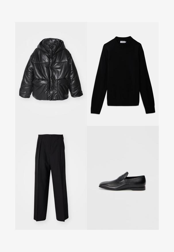 Juodas paminkštintas švarkas iš dirbtinės odos su kapišonu, kuris turi spaudimo mygtukus, dvi priekinės kišenes ir blizgantį paviršių.; Juodas megztinis su įdubtu apykakliu, ilgomis rankovėmis ir tekstūrinio mezginio raštu. Nėra matomų logotipų ar dekoracijų.; Juodi klostuoti kelnių, su tiesiu, plačiu kojų dizainu. Pagaminti iš lygios medžiagos, su mygtukų uždarymu ir diržo kilputėmis.; Juodos odinės slip-on tipo bateliai su smailiu pirštu, lygia tekstūra ir subtiliu ženklinimu šone. Žemas kulnas su tvarkingu, minimalistiniu dizainu.