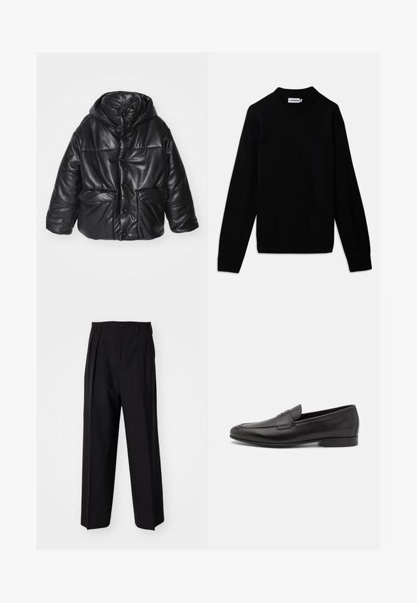 Črna podložena jakna iz umetnega usnja s kapuco, z gumbi za zapiranje, dvema sprednjima žepoma in sijajno teksturo.; Črna pulover s rebrastim okroglim izrezom, dolgimi rokavi in teksturiranjem pletenine. Brez vidnih logotipov ali okrasnih elementov.; Črne nabirane hlače s ravnim, širokim krojem. Narejene so iz gladkega materiala in imajo zadrgo ter pasne zanke.; Moški črni usnjeni loafer s nizkim peto in klasičnim penny trakom, prikazan v bočnem profilu na belem ozadju.
