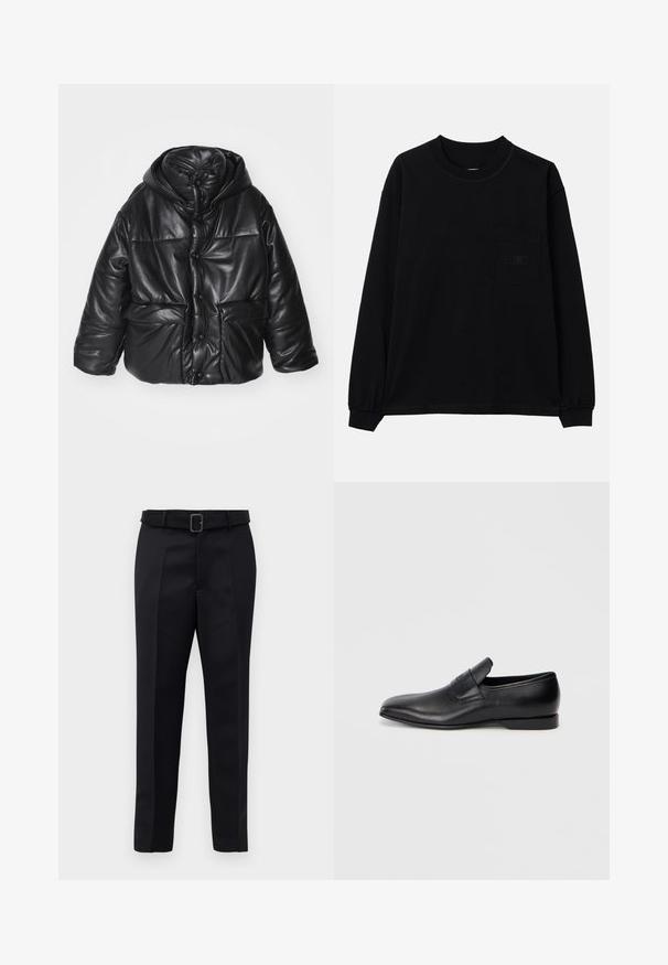 Melna mīkstināta jaka no mākslīgās ādas ar kapuci, ar pogu aizdari, divām priekšējām kabatām un spīdīgu tekstūru.; Melnas garām piedurknēm T-krekls, izgatavots no kokvilnas, ar apaļu kaklu, kreisās krūtis kabatu un elastīgiem aprocēm. Minimālistisks dizains bez rakstiem.; Melni piegriezti bikses ar gludu audumu, taisnu piegriezumu un jostu ar taisnleņķa sprādzi. Pamanāmie priekšējie iegriezumi uzlabo dizainu.; Melna ādas slēgta kurpe ar smailu purngalu, gludu virsmu un diskrētu zīmolu uz sāniem. Zems papēdis ar tīru, minimālistisku dizainu.