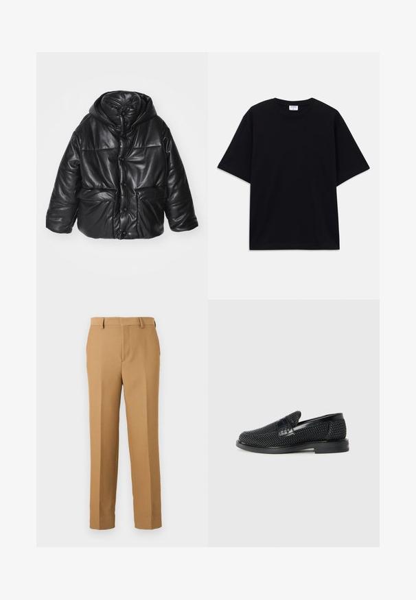 Juodas paminkštintas švarkas iš dirbtinės odos su kapišonu, kuris turi spaudimo mygtukus, dvi priekinės kišenes ir blizgantį paviršių.; Juodas trumpas rankovėmis per didelis marškinėliai su apvaliu iškirpimu ir matoma Filippa K prekės ženklo etiketė vidinėje apykaklės pusėje.; Kreminės spalvos kelnės, pagamintos iš audinio, turinčios tiesų kirpimą, lygią priekį ir diržo kilpos. Sklandus paviršius be matomų raštų.; Juodas pintas slip-on tipo batelis su lygiu odiniu akcentu viršuje, apvalios nosies dizainas ir žemas guminis padas.