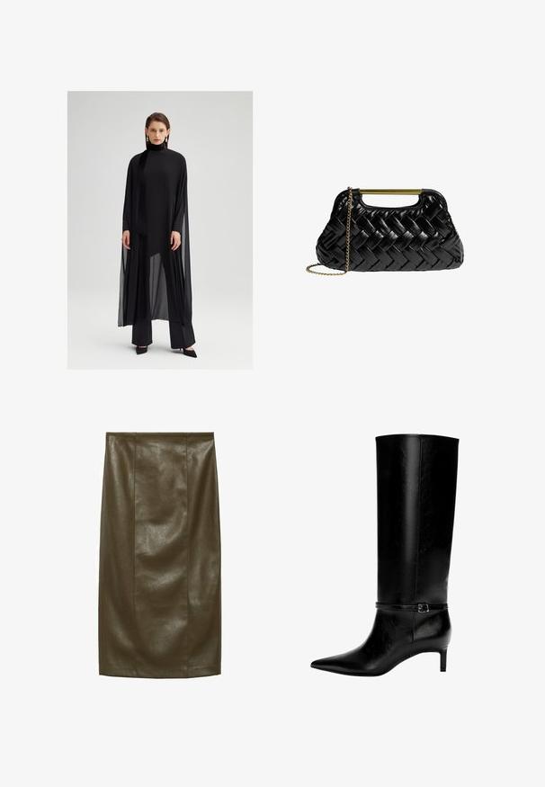 Črna plastična tunika z visokim ovratnikom, narejena iz prosojnega materiala. Ima dolge rokave in tekoč dizajn, v kombinaciji s prilagojenimi črnimi hlačami.; Čipkasta bluza v mauve barvi z naborkom okoli vratu, dolgimi rokavi in s trakom na sprednji strani; ima razširjene, naborkane manšete.; Olivnozeleni umetni usnjeni svinčnik krilo z gladko teksturo, do kolen, ki ima vertikalne šive za prilagojen videz.; Črne usnjene zimske škornje do kolen s koničastim nosom in majhno peto. Imajo ozko zaponko z kovinsko zaponko okoli gležnja. Gladka tekstura.; Črna pletena usnjena torbica z zlatim kovinskim ročajem in odstranljivo verižico. Ima sijajno površino in mehak, okrogel obliko.