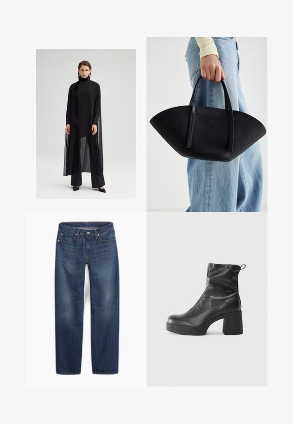 Fekete, több rétegű tunika magas gallérral, áttetsző anyagból készült. Hosszú ujjakkal és légies kialakítással rendelkezik, elegáns fekete nadrággal párosítva.; Fekete pamut póló rövid ujjakkal, bal mellkason egy kis rózsaszín pillangó grafikával. Kerek nyakú kialakítás, laza fazonnal.; Sötétkék farmernadrág egyenes szárú kialakítással. Jellemzői a gombos záródás, öt zseb és enyhe kifakulás a szöveten.; Fekete bokacsizmák sima bőrből, oldalsó cipzárral, vastag, texturált sarkú és lekerekített orrú dizájnnal.; Fekete bőr kézitáska egyedi legyezőformával, lapos füllel. A felülete kőriszerű textúrájú és minimalista dizájnnal rendelkezik.