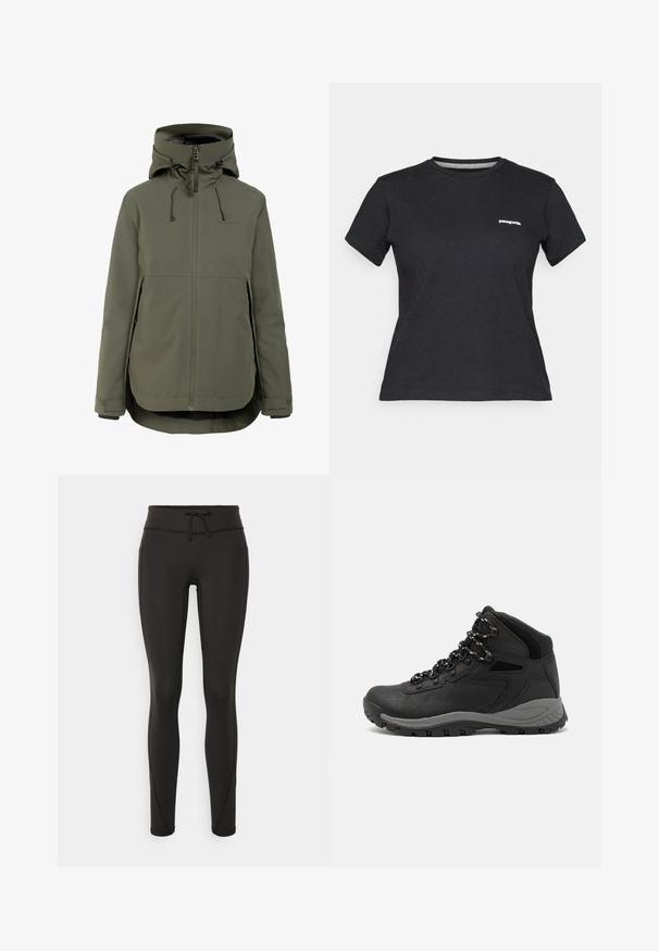 Olívazöld vízálló dzseki kapucnival, elöl cipzárral, állítható húzózsinórokkal, oldalzsebekkel és tépőzáras csuklópántokkal.; Fekete pamut póló kerek nyakkivágással és rövid ujjakkal. Az előtt a bal mellrészen egy fehér "Patagonia" logó található.; Fekete leggings magas derékkal, zsinórral, sima textúrával és testhezálló kialakítással. Oldalt varrási részletekkel rendelkezik.; Fekete túracipő közepes magasságú kialakítással, texturált felsőrésszel, szürke részletekkel és strapabíró gumitalppal, amelynek tapadós kiemelkedései vannak.