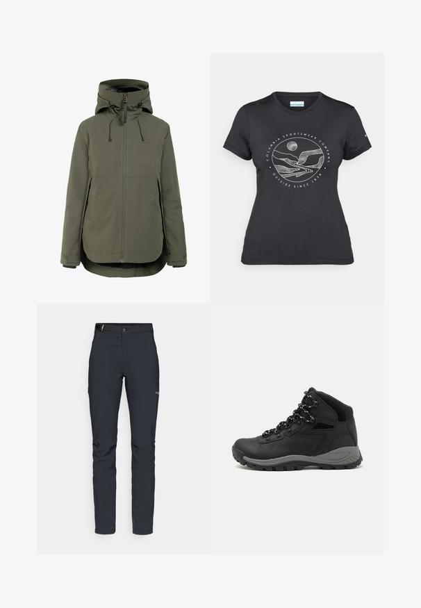Didriksons JENNIE - Outdoorová bunda - deep green; Čierne tričko Columbia s bielou kruhovou grafikou hory a rieky a textom "Columbia Sportswear Company vonku od roku 1938."; Pánske outdoorové nohavice, tmavo šedé, vyrobené z flexibilného materiálu, s opaskom, so zipsovými vreckami a vystuženým šitím.; Čierna turistická obuv s polovičným strihom, s textúrovaným zvrškom, šedými akcentmi a odolnou gumovou podrážkou s protišmykovými hrebienkami.