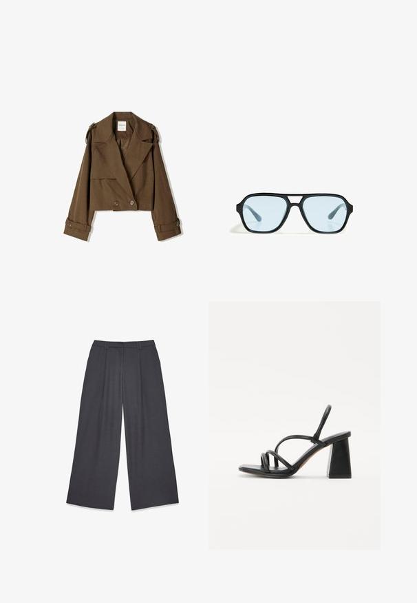 Skórzana brązowa kurtka o krótkim kroju, wykonana z miękkiego materiału, z podwójnym zapięciem, dużymi klapami i guzikami na rękawach.; Biała bluzka z asymetrycznym krojem na jedno ramię, z kwiatowym akcentem po jednej stronie i długim, związanym panele przy talii. Gładka faktura.; Spodnie o szerokich nogawkach w ciemnoszarym kolorze, z płaskim przodem i dwiema fałdami, z plastikowymi paskami i głębokimi kieszeniami bocznymi. Gładka faktura i dopasowany krój.; Czarna sandałek na obcasie z kwadratowym, grubym obcasem, z wieloma cienkimi paskami na stopie i otwartym designem z tyłu. Gładka skórzana tekstura.; Czarne okulary przeciwsłoneczne o prostokątnych oprawkach, niebieskie soczewki z tintem i charakterystycznym wzorem mostka. Smukłe wykończenie, subtelna tekstura.