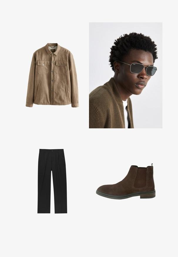 Braune Kunstwildlederjacke mit Druckknopfverschluss, zwei Brusttaschen und Seitentaschen; zeichnet sich durch eine weiche Textur und ein klassisches Kragen design aus.; Schwarzer Rollkragenpullover aus weichem Strickmaterial. Mit langen Ärmeln, geripptem Kragen und Saum. Schlichtes, elegantes Design ohne Muster.; Schwarze Hose mit geradem Schnitt, aus einem glatten Stoff gefertigt. Verfügt über Vorderfalten und einen einzelnen Knopfverschluss an der Taille.; Braune Wildleder-Ankle-Boots mit elastischen Seitenpaneelen, runder Zehenform und niedrigem Blockabsatz. Verfügt über eine Ziernaht entlang der Sohle.; Sonnenbrille mit silbernem Metallrahmen, im Aviator-Stil und dunkel getönten Gläsern. Kombiniert mit einer braunen Bomberjacke mit Rippstruktur.
