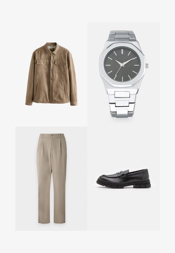 Veste en faux suède marron avec un devant à pression, deux poches poitrine et des poches latérales ; elle présente une texture douce et un design de col classique.; Un pull à col roulé noir en matière tricotée douce. Il possède des manches longues, un col et un ourlet côtelés. Son design est simple et épuré, sans motifs.; Pantalon khaki avec une coupe droite, doté d'une fermeture à bouton et d'un devant plissé. Fabriqué en tissu lisse avec une finition mate.; Mocassins en cuir noir avec une finition lisse, présentant un détail de sangle à l'avant et une semelle en caoutchouc épaisse avec des accents striés.; Montre analogique argentée avec un boîtier octogonal, un cadran gris, des index de heures argentés et un bracelet en acier inoxydable. Design minimaliste avec texture lisse.