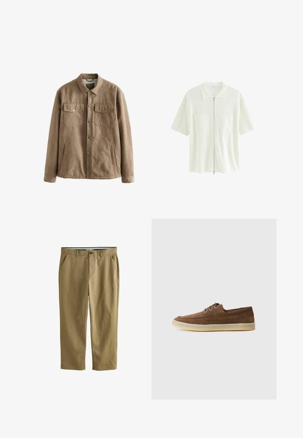 Hnědá umělá zamková bunda s tlakacím zapínáním, dvěma náprsními kapsami a bočními kapsami; má měkkou texturu a klasický design límce.; Krátký rukáv, bílá zipová košile z texturované látky, s límečkem a dvěma předními kapsami se čtvercovými klapkami.; Khaki chinos vyrobené z bavlněné směsi, se dvěma bočními kapsami, zapínáním na knoflík, rovnými nohavicemi a hladkou texturou.; Hnědé semišové boty s nízkým profilem, šněrovacím designem, gumovou podrážkou a kontrastními švy. Jednoduchý a funkční styl.