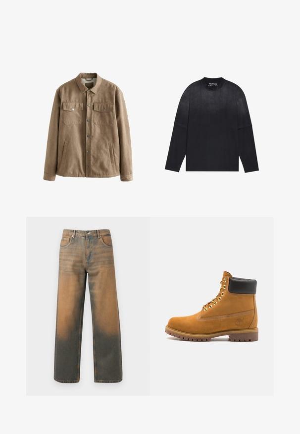 Veste en faux suède marron avec un devant à pression, deux poches poitrine et des poches latérales ; elle présente une texture douce et un design de col classique.; T-shirt noir à manches longues en tissu doux ; avec un col rond, un ajustement ample et un léger effet dégradé du clair au foncé.; Jean large en denim bleu et marron délavé. Caractéristiques : taille haute, poches avant et fermeture à boutons classique avec des accents métalliques.; Bottine en daim beige avec un col rembourré noir, œillets en métal doré, détails de surpiqûres blanches et semelle en caoutchouc robuste avec des crampons prononcés.