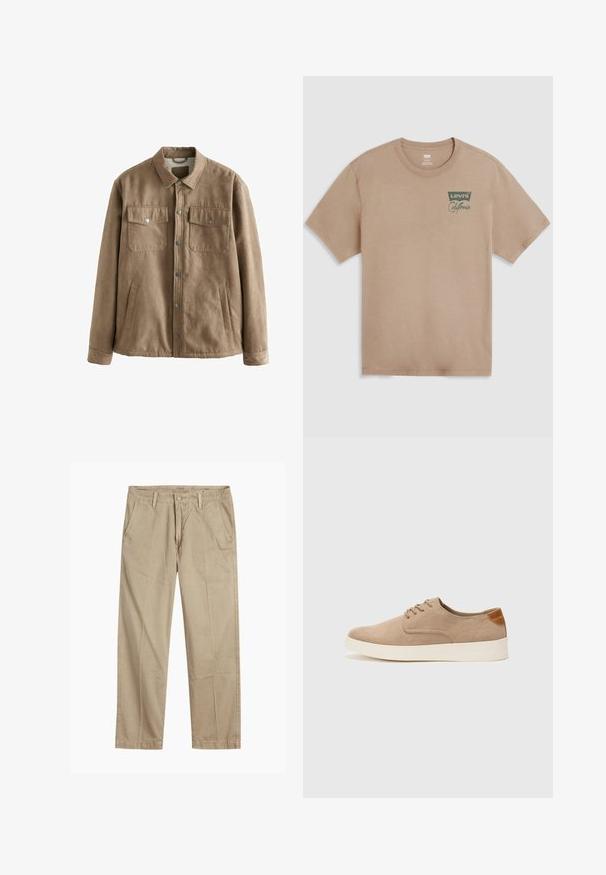 Bruine nepbont leren jas met drukknopen aan de voorkant, twee borstzakken en zijzakken; heeft een zachte textuur en een klassiek kraagontwerp.; Beige T-shirt met korte mouwen van katoen, voorzien van een groen "Levi's California" logo op de linkerborst en een ronde halsstijl.; Beige rechte pijpen chinos met riemlussen, voorkant met knoop en rits sluiting, en schuine voorzakken.; Beige suède sneakers met een ronde neus, vetersluiting aan de voorkant en een getextureerde achteraccent. De witte rubberen zool zorgt voor contrast. Eenvoudig en modern ontwerp.