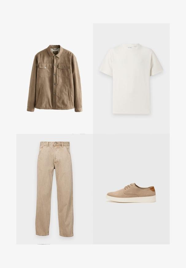 Giacca in faux suede marrone con chiusura a pressione, due tasche sul petto e tasche laterali; presenta una texture morbida e un design del colletto classico.; T-shirt bianca a maniche corte in texture a coste. Girocollo, vestibilità rilassata, senza modelli o accenti visibili. Design semplice e versatile.; Jeans in denim beige con un design a gamba dritta, dotati di tasche frontali, chiusura con bottone metallico e una texture delicata.; Sneaker in suede beige con punta arrotondata, stringhe davanti e un accento testurizzato sul retro. La suola in gomma bianca offre un contrasto. Design semplice e moderno.
