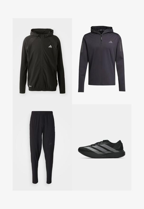 Juoda sportinė striukė su priekiniais užtrauktukais, gobtuvu, tekstūruotomis pečių panelėmis, elastiniais rankogaliais ir atspindinčiu logotipu. Pagaminta iš lengvos medžiagos.; Juodas gobtuvas, ilgomis rankovėmis ir pusės užtrauktuku, pagamintas iš lengvos medžiagos, su trimis vertikaliomis pilkomis juostelėmis ant kiekvienos rankovės.; Juodos sportinės kelnės su elastinga juosmeniu, siaurėjantis dizainas, šoninės kišenės ir subtilus logotipo detalė. Pagamintos iš lankstaus, kvėpuojančio audinio.; Juodos sportinės avalynės, lengvos konstrukcijos, su trimis aiškiomis pilkomis juostomis, lygiu paviršiumi ir kontūrine padu.