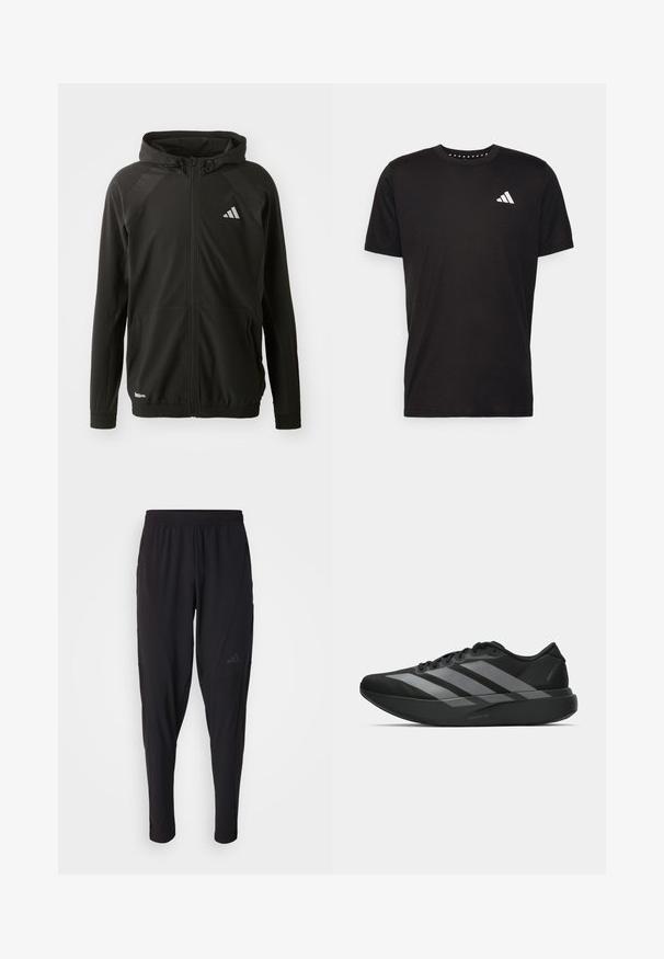 Black athletic jacket with a front zipper, hood, textured shoulder panels, elastic cuffs, and a reflective logo. Made from lightweight material.; Black cotton t-shirt with short sleeves, crew neckline, and a white logo on the left chest. Smooth texture and simple design.; Black athletic pants with an elastic waistband, tapered design, side pockets, and subtle logo detail. Made from flexible, breathable fabric.; Black athletic shoes with a lightweight design, featuring three prominent gray stripes, a smooth texture, and a contoured sole.