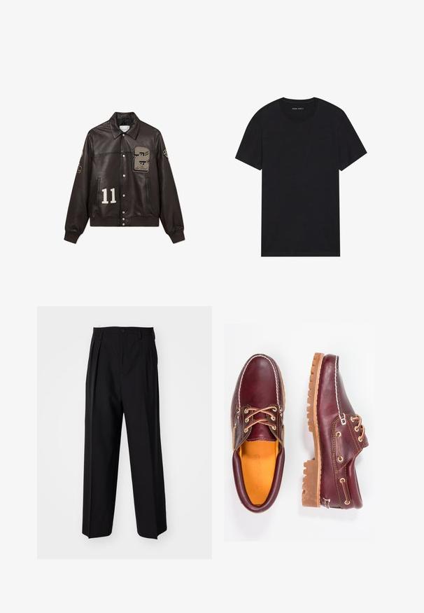 Les Deux VARSITY JACKET - Bomber stiliaus striukė - dark brown; Juodas medvilnės marškinėliai su trumpomis rankovėmis ir apvalia iškirpte. Audinys turi lygų paviršių ir paprastą, vientisą dizainą.; Juodi klostuoti kelnių, su tiesiu, plačiu kojų dizainu. Pagaminti iš lygios medžiagos, su mygtukų uždarymu ir diržo kilputėmis.; Burgundi odiniai bateliai su rudais guminiais padais, apvaliu pirštu, balta siūle ir auksiniais inkarais. Interjere yra geltonas pamušalas.