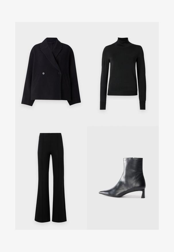 Casaco preto em mistura de lã com frente de duplo botão, gola notched, bolsos laterais e uma silhueta ampla. Textura lisa.; Sweater preto de manga longa com gola alta, com punhos e bainha canelados, exposto em um fundo branco liso.; Calças pretas de boca de sino com uma cintura alta, feitas de um tecido elástico. Apresentam detalhes de costura vertical na frente e uma textura suave.; Bota de tornozelo em pele preta com biqueira apontada e um design elegante. Apresenta um salto baixo e um fecho com zipper na parte de trás. Textura suave.