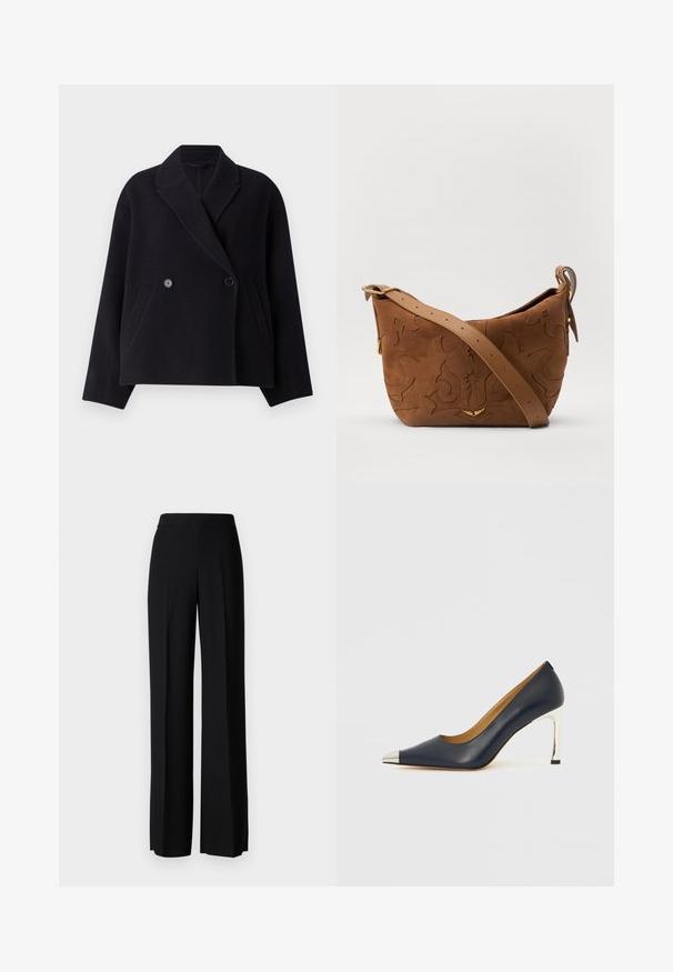 Melna vilnas maisījuma mētelis ar divrindu aizdari, ar spraugu apkakli, sānu kabatām un kvadrātveida siluetu. Gluda tekstūra.; Balts ribots īsām piedurknēm T-krekls ar apaļu kaklu. Audumam ir gluda virsma un tas ir pieguļošs. Zīmola etiķete redzama pie apkakles.; Melni platleği bikses ar gludu tekstūru, ar augstu jostasvietu un centrālajām krokām. Nav redzamu rakstu vai aparatūras detaļu.; Tumši zila ādas augstpapēžu kurpe ar smailu purngalu, kas izceļas ar sudrabotu metālisku uzgali un spīdīgu sudraba stilettos papēdi.; Brūns zamšs plecu soma ar iegravētu ziedu dizainu, papildināta ar gludu brūnu ādas siksnu un zelta toņa detaļām.