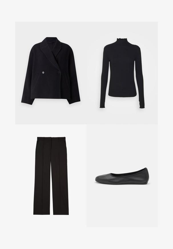 Musta villasekoitteen takki, jossa on kaksirivinen etuosa, lovellinen kaulus, sivutaskut ja laatikkomainen siluetti. Sileä pinta.; Musta pitkähihainen poolotoppi, joka on valmistettu sileästä kankaasta, jossa on röyhelökaulus ja tiukka siluetti yksinkertaisilla reunoilla.; Mustat räätälöidyt housut, jotka on valmistettu sileästä kankaasta. Housuissa on suora lahje ja kaksi sivutaskua. Elegantti ja minimalistinen rakenne.; Musta nahkainen ballerina, jossa on pyöristetty kärki, sileä pinta, minimaalinen ommelkoristelu ja joustava pohjamuotoilu.