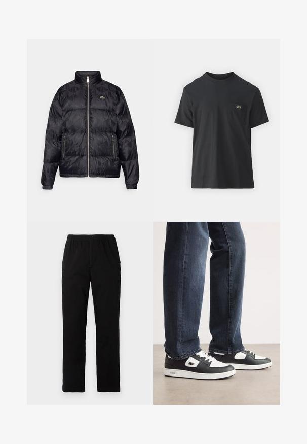 Lacoste Down jacket - black; Black cotton t-shirt with short sleeves, round neckline, and a small green logo on the left chest pocket. Simple design, regular fit.; Black pants made of cotton blend fabric, featuring a straight cut, elastic waistband with button, and no visible patterns or accents.; Black and white Lacoste sneakers with a textured leather upper, featuring a lace-up design and a white rubber outsole. Worn with dark jeans.