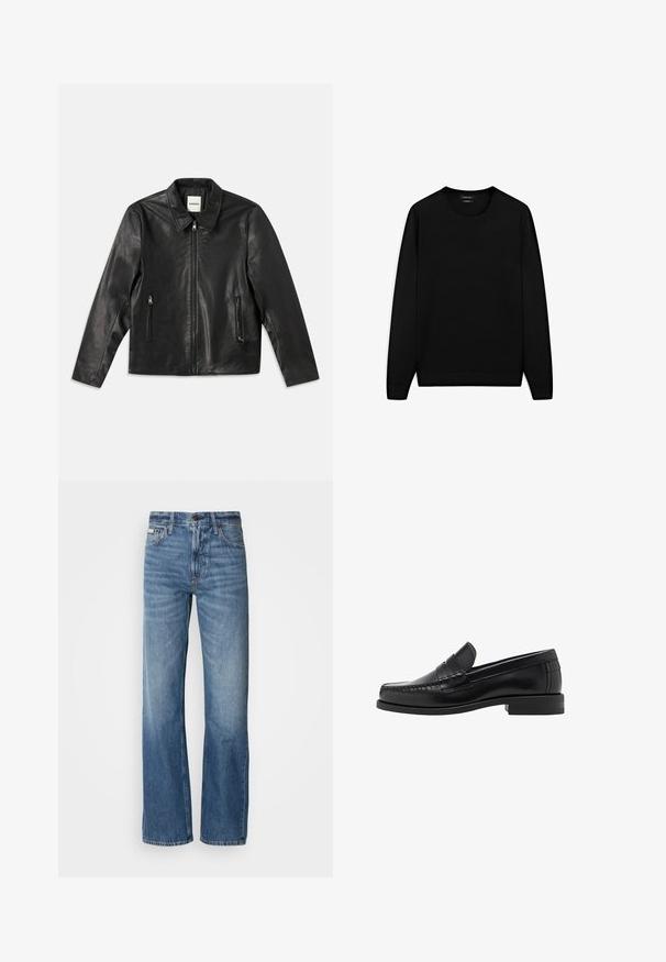 Zwarte leren jas met een puntige kraag, ritssluiting aan de voorkant en twee zijzakken. Heeft een gladde textuur en een getailleerde pasvorm.; Zwarte lange mouwen trui met ronde hals. Gemaakt van zachte stof, met een klassieke pasvorm en geribde mouwen en onderrand. Geen patronen of accenten.; Grijze overhemd met lange mouwen, gemaakt van glad katoen. Heeft een klassieke kraag en een afgeronde zoom met zes donkere knopen aan de voorkant.; Blauwe spijkerbroek met een rechte pijp, hoge taille en subtiele vervaging. Voorzien van een knoop- en ritssluiting, en een klassieke vijf-pocketontwerp.; Zwarte leren instappers met een gladde afwerking, gestikte details op de neus en een lage hakontwerp voor comfort en stijl.