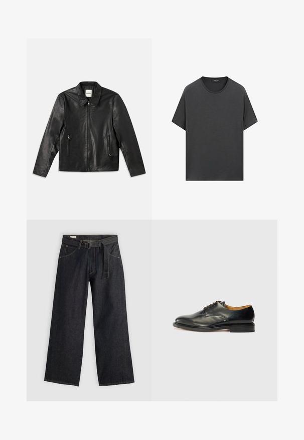 Black leather jacket with a pointed collar, zippered front, and two side pockets. Features smooth texture and a tailored fit.; Dark gray short-sleeve t-shirt with a round neckline, made from cotton, featuring a loose fit and minimalistic design.; Dark denim wide-leg pants with a belted waist, featuring front pockets and contrasting stitching. Smooth texture with a clean design.; Black leather dress shoe with a smooth finish, rounded toe, and minimal lacing. Features a subtle design and a low, sturdy rubber sole.
