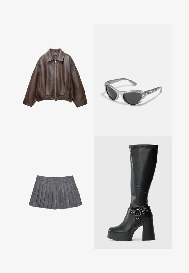 Giacca corta in pelle ecologica marrone con ampio colletto, cerniera frontale, tasche laterali e cintura in vita. Texture liscia, vestibilità comoda.; Maglietta nera a maniche lunghe realizzata in morbido cotone. Presenta un collo ampio, vestibilità rilassata e maniche leggermente svasate. Senza motivi o accessori visibili.; Gonna grigia a pieghe realizzata in tessuto testurizzato. Presenta una vita aderente e multiple pieghe verticali, creando una silhouette strutturata.; Stivali neri alti fino al ginocchio con finitura lucida, dotati di un'ampia suola a blocco e di una fascia con fibbia all'altezza della caviglia.; Occhiali da sole cat-eye argentati con lenti scure, abbelliti con accenti di gemme trasparenti lungo la montatura. Finitura opaca con design delle stanghette curvo.; Borsa a forma di mezzaluna nera con stampa floreale colorata e manici annodati, con un piccolo logo metallici in basso a destra.