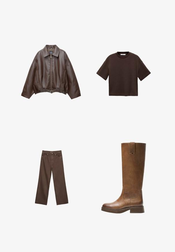 Hnedá krátka bunda z umelého kože s širokým golierom, predným zipsom, bočnými vreckami a opaskom v páse. Hladká textura, voľný strih.; Hnedé tričko s krátkym rukávom vyrobené z mäkké bavlny. Má okrúhly výstrih a voľný strih, s hladkou textúrou a bez viditeľných vzorov.; Džínsy s širokými nohavicami v hnedej farbe, vyrobené z denimu, so zvýšeným pásom, prednými vreckami a klasickým zapínaním na gombík. Hladká textúra s jemným prešívaním.; Hnedá kožená vysoká čižma do kolien s okrúhlou špičkou, textúrovaným povrchom a nízkym zúženým podpätkom. Obsahuje postranný panel a pútko na vrchu.