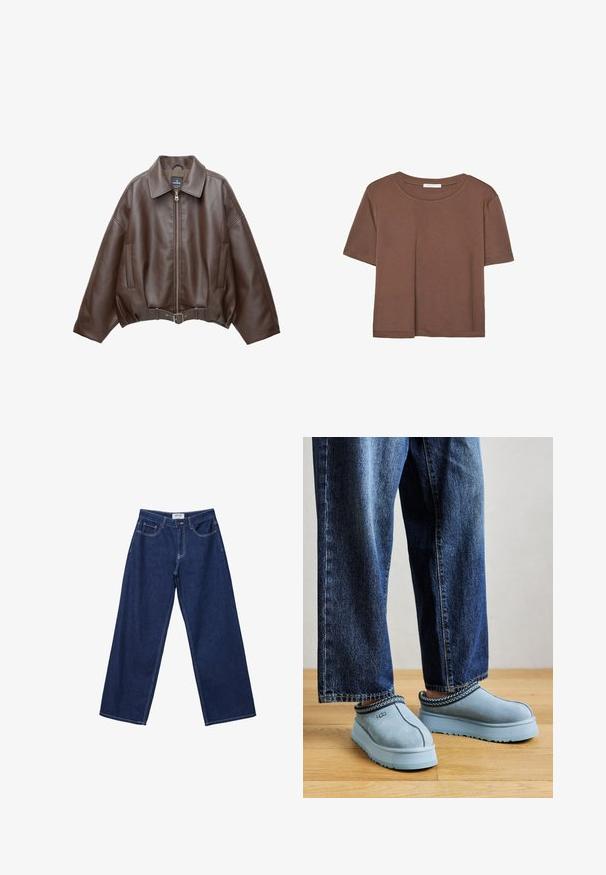 Giacca corta in pelle ecologica marrone con ampio colletto, cerniera frontale, tasche laterali e cintura in vita. Texture liscia, vestibilità comoda.; Maglietta a maniche corte marrone realizzata in tessuto morbido, con scollatura rotonda e vestibilità rilassata. Nessun motivo o dettaglio visibile.; Jeans in denim blu scuro a gamba larga con chiusura a bottone, cinque tasche e cuciture bianche a contrasto. Il tessuto ha una finitura liscia e leggermente texturizzata.; Scarpe UGG blu in suede, senza lacci, con suole spesse, indossate con jeans blu su un pavimento di legno contro uno sfondo semplice.