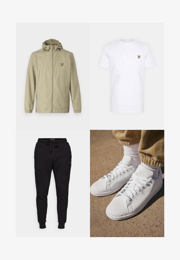 Lyle & Scott ZIP THROUGH JACKET - Giacca leggera - sage uniform; T-shirt bianca in cotone con un piccolo logo ricamato nero e giallo sul lato sinistro del petto. Maniche corte e scollatura rotonda.; Pantaloni jogger neri in cotone con vita elastica, cordoncino e polsini a coste. Presentano un piccolo logo giallo sulla coscia sinistra.; Sneakers bianchi in pelle con superficie liscia, caratterizzati da un classico design con lacci, perforazioni per la traspirabilità e una suola in gomma testurizzata.