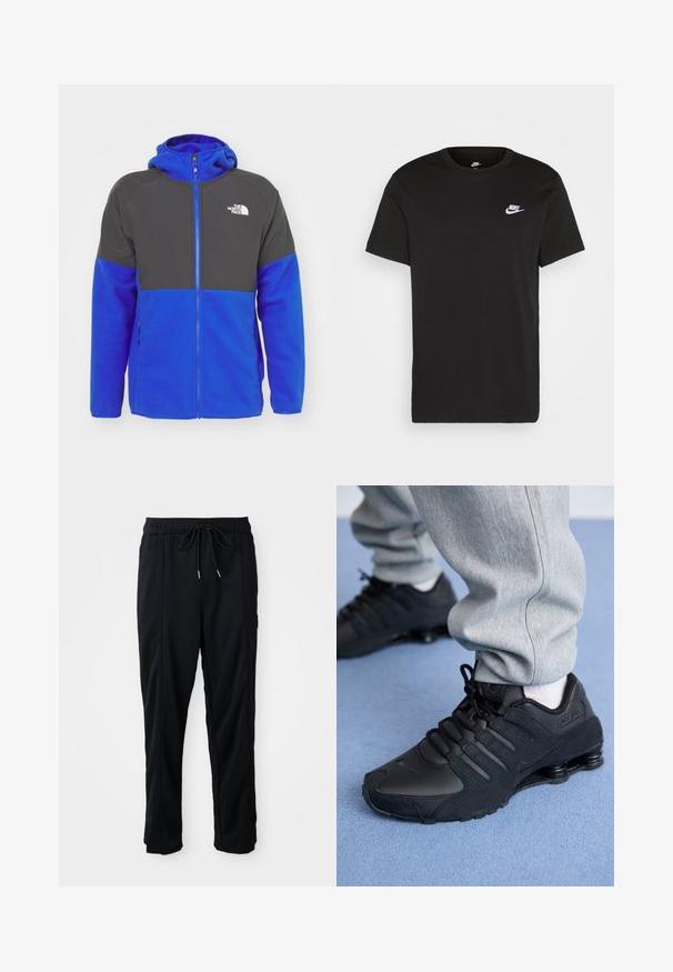Blå fleecejacka med grå detaljer, hel dragkedja, huva och logotyp på bröstet. Har två sidofickor och kontrasterande färgpaneler.; Svart bomullströja med korta ärmar, rund hals och en liten vit Nike-logotyp på övre vänstra bröstet. Slät textur. Klassisk passform.; Svarta byxor med dragsko i midjan, avslappnad stil, med sidfickor och rak benklippning på en plain bakgrund.; Person som bär svarta Nike Shox-sneakers och grå träningsbyxor stående på en ljusblå matta.