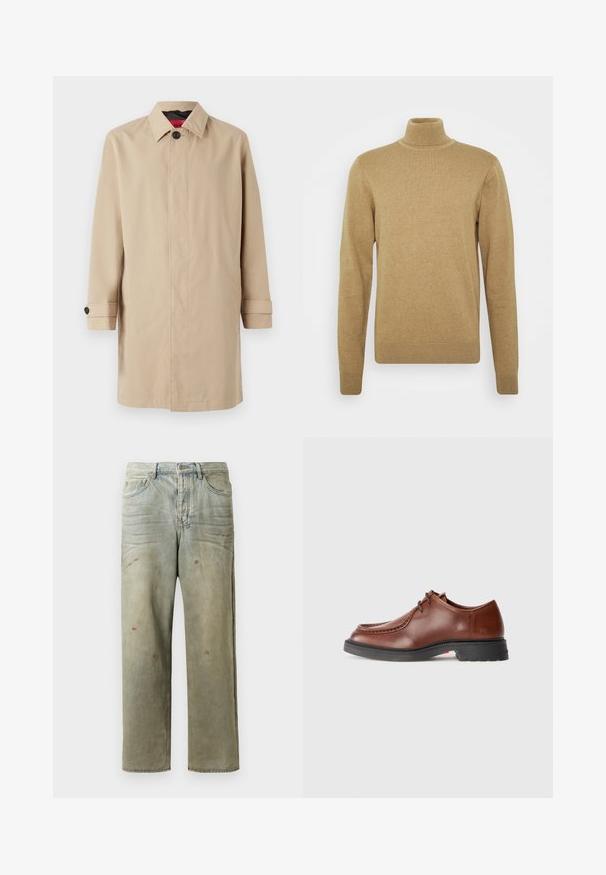 Trench coat bej cu croi drept, prezentând o închidere cu nasturi, guler și buzunare laterale. Fabricat dintr-un material neted și ușor.; Pulover bej cu guler înalt, fabricat dintr-un material tricotat moale. Dispune de mâneci lungi și un design ajustat. Baza și gulerul ribbate adaugă accente.; Jeans din denim uzat, de culoare verde deschis, cu un croi drept, design cu cinci buzunare, și decolorare inegală cu stropi de vopsea.; Pantofii de dressing din piele maro, cu vârf rotunjit, cusături contrastante, design cu șireturi și o talpă texturată din cauciuc negru.