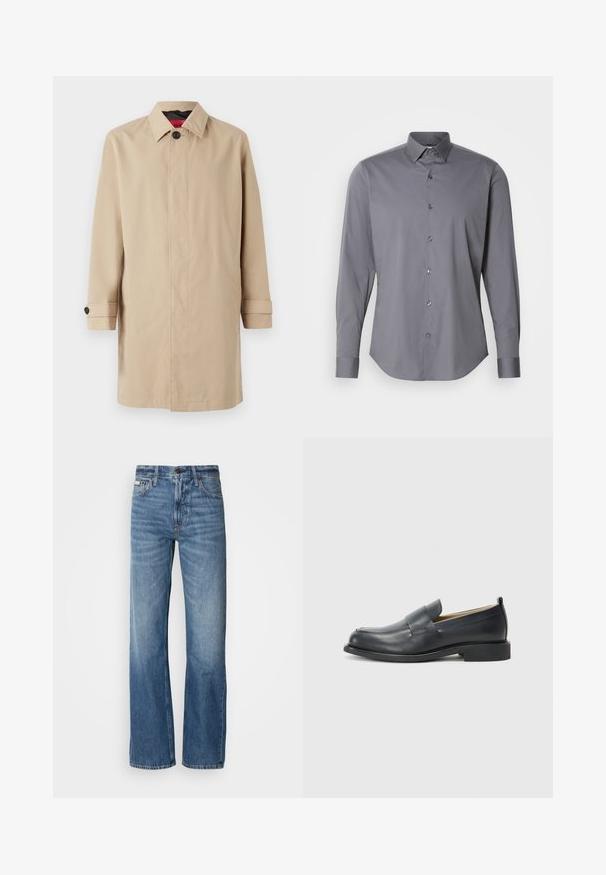 Bežani trench kaput s ravnim krojem, s kopčanjem na gumbe, ovratnikom i bočnim džepovima. Izrađen od glatkog, laganog materijala.; Siva košulja dugih rukava s dugim gumbima, izrađena od glatke pamučne tkanine. Ima klasičan ovratnik i zaobljeni rub s šest tamnih dugmadi sprijeda.; Plave traperice sa ravnim krojem, visokim strukom i suptilnim izbljeđenjem. Uključuju kopčanje na dugme i patentni zatvarač, te klasičan dizajn s pet džepova.; Crne kožne mokasine s glatkom površinom, ravnim đonom i zaobljenim prstima, s dekorativnom trakom preko gornjeg dijela.