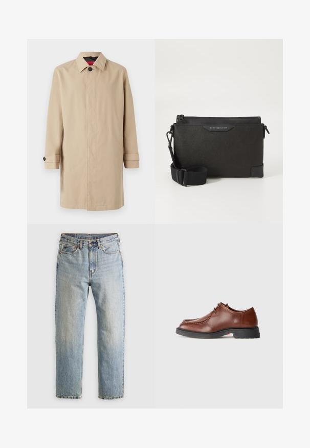 Beige trenchcoat med rett snitt, med knapplukking, krage og sidelommer. Laget av glatt, lett stoff.; Burgunderfarget langermet skjorte laget av bomull, med krage med knapper, knappestolpe foran og en liten logo på brystet.; Lys blå denim jeans med høy midje, frontknapp, glidelås og fem-lommers design, lagt flatt på en nøytral bakgrunn.; Brune lærdressko med rund tå, kontrasterende sting, snøredesign og en teksturert svart gummisåle.; Svart skinn crossover-veske med teksturert overflate, med glidelås og justerbar stropp. Logo-patch på fronten. Rektangulær fasong.